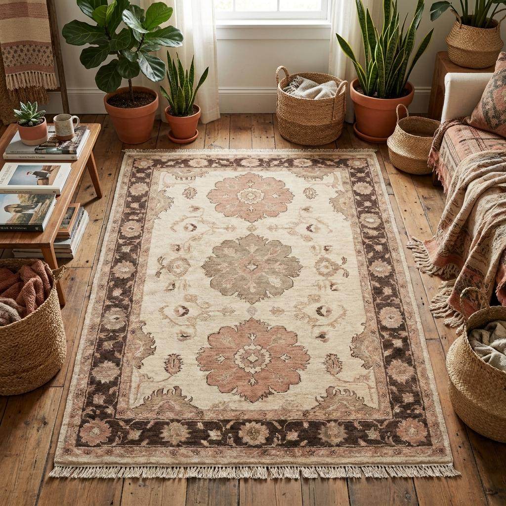Neutral Turkish style area rug with blush pink floral motifs and detailed traditional border pattern __etsy:8110173969