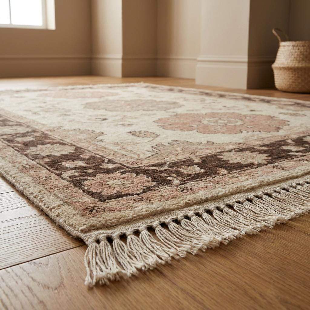 Luxury handmade wool carpet with vintage Oushak inspired floral design for elegant home decor styling __etsy:8062259374