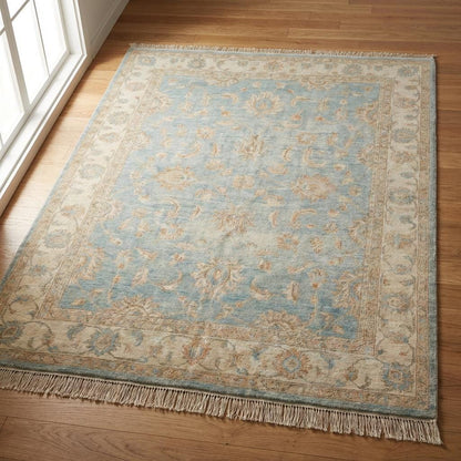 Oushak Hand Knotted Wool Area Rug in Soft Blue Floral
