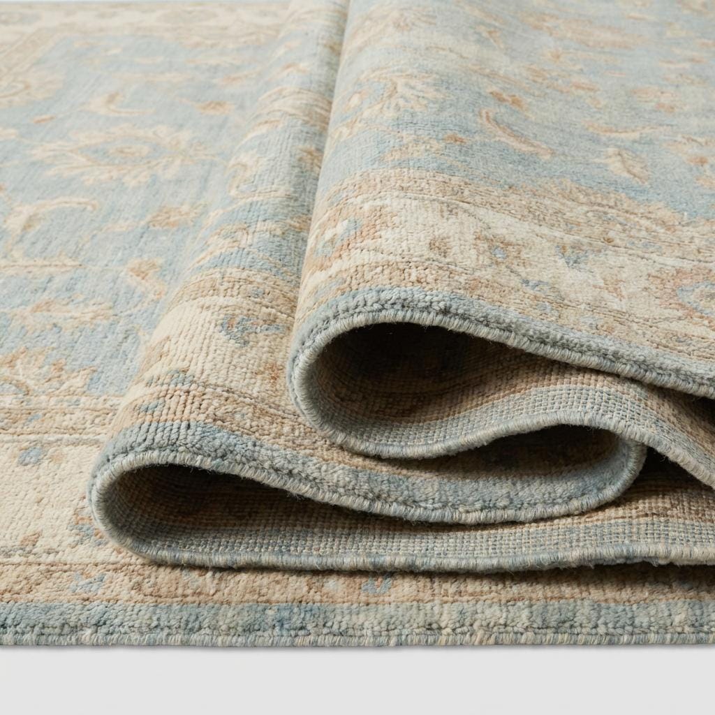 Oushak Hand Knotted Wool Area Rug in Soft Blue Floral