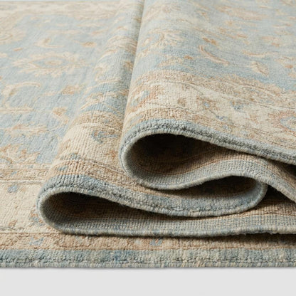 Oushak Hand Knotted Wool Area Rug in Soft Blue Floral