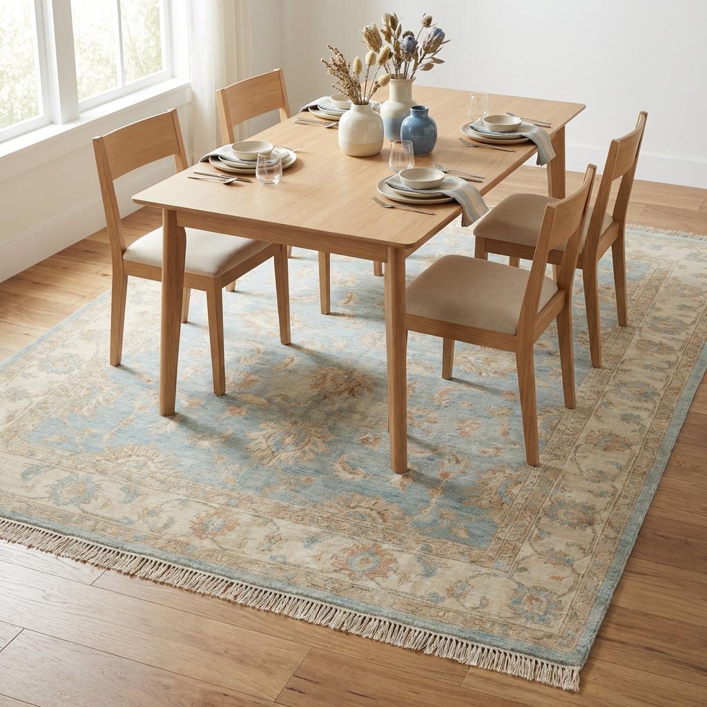 Oushak Hand Knotted Wool Area Rug in Soft Blue Floral