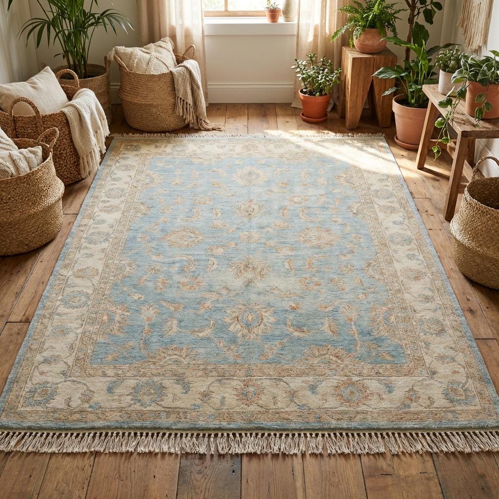 Traditional Oushak style rug with pale blue field and ivory floral motifs