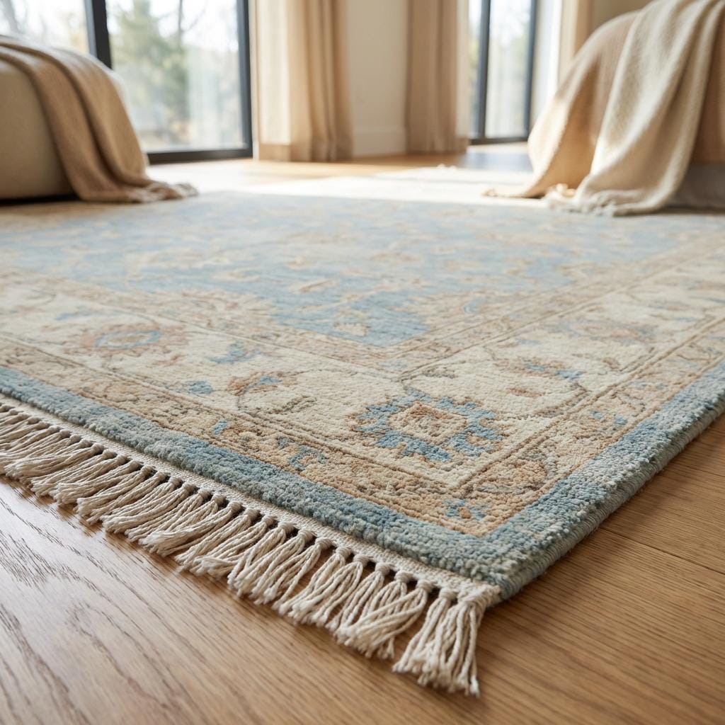 Floral hand knotted area rug with muted beige and cream accents