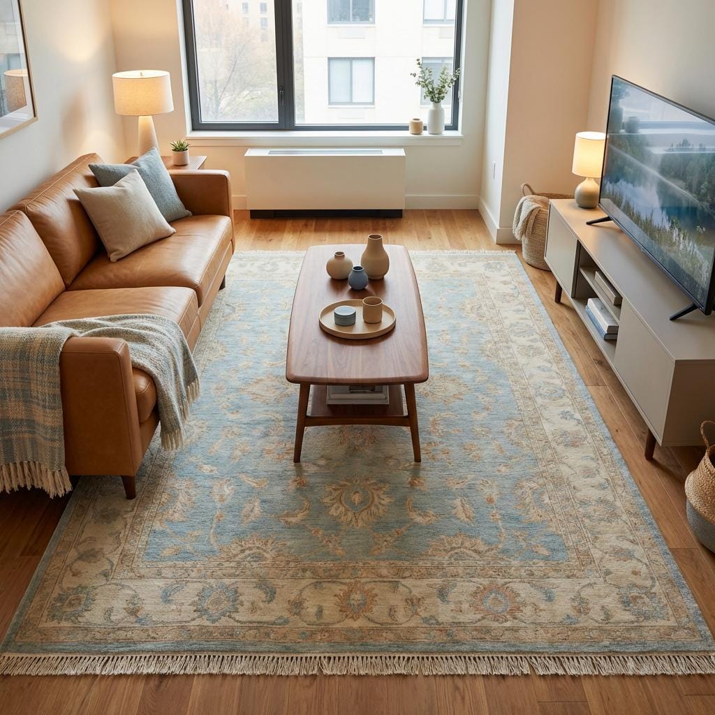 Low pile hand knotted wool rug with cotton fringe and detailed border design