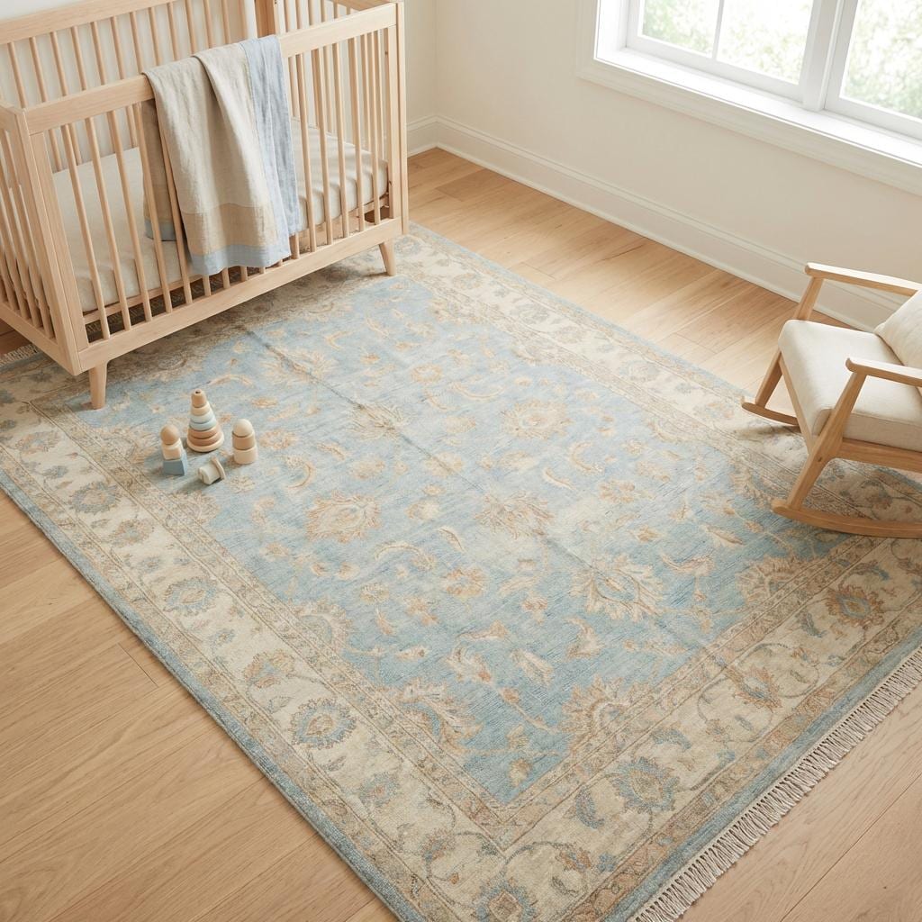 Oushak Hand Knotted Wool Area Rug in Soft Blue Floral