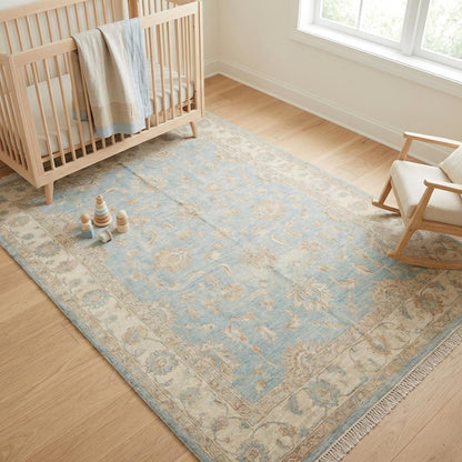 Oushak Hand Knotted Wool Area Rug in Soft Blue Floral