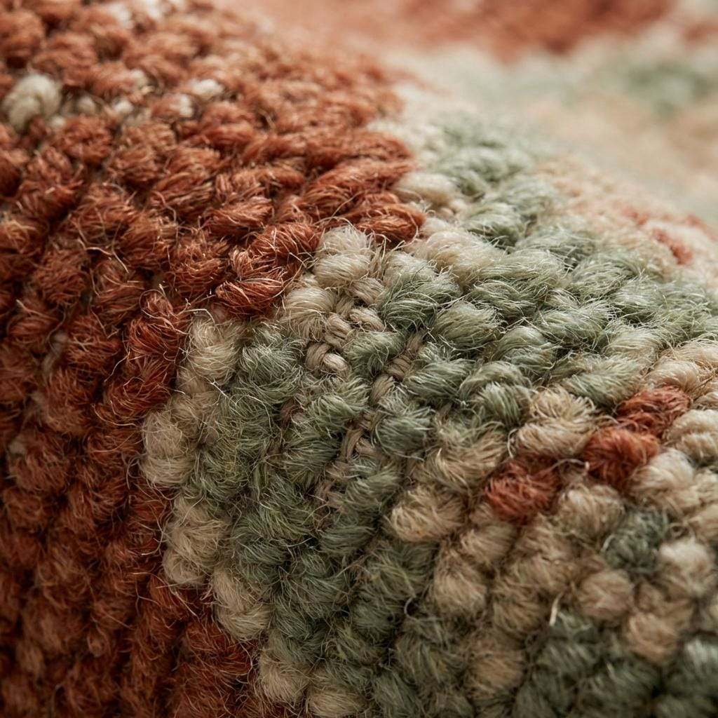 Close-up of hand knotted wool rug showing individual knot structure, soft distressed pile, and natural wool fiber variation