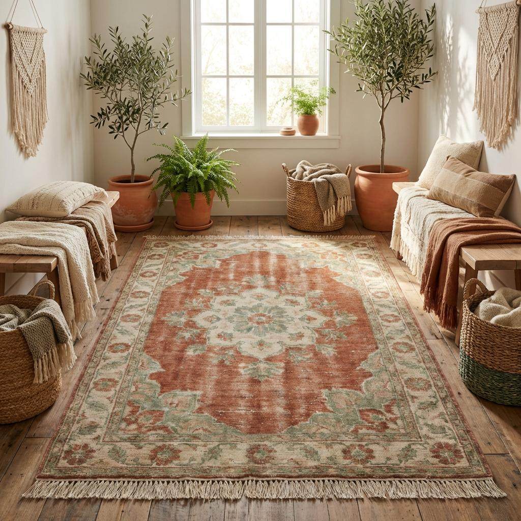 Traditional hand knotted area rug featuring floral medallion design and low pile wool texture