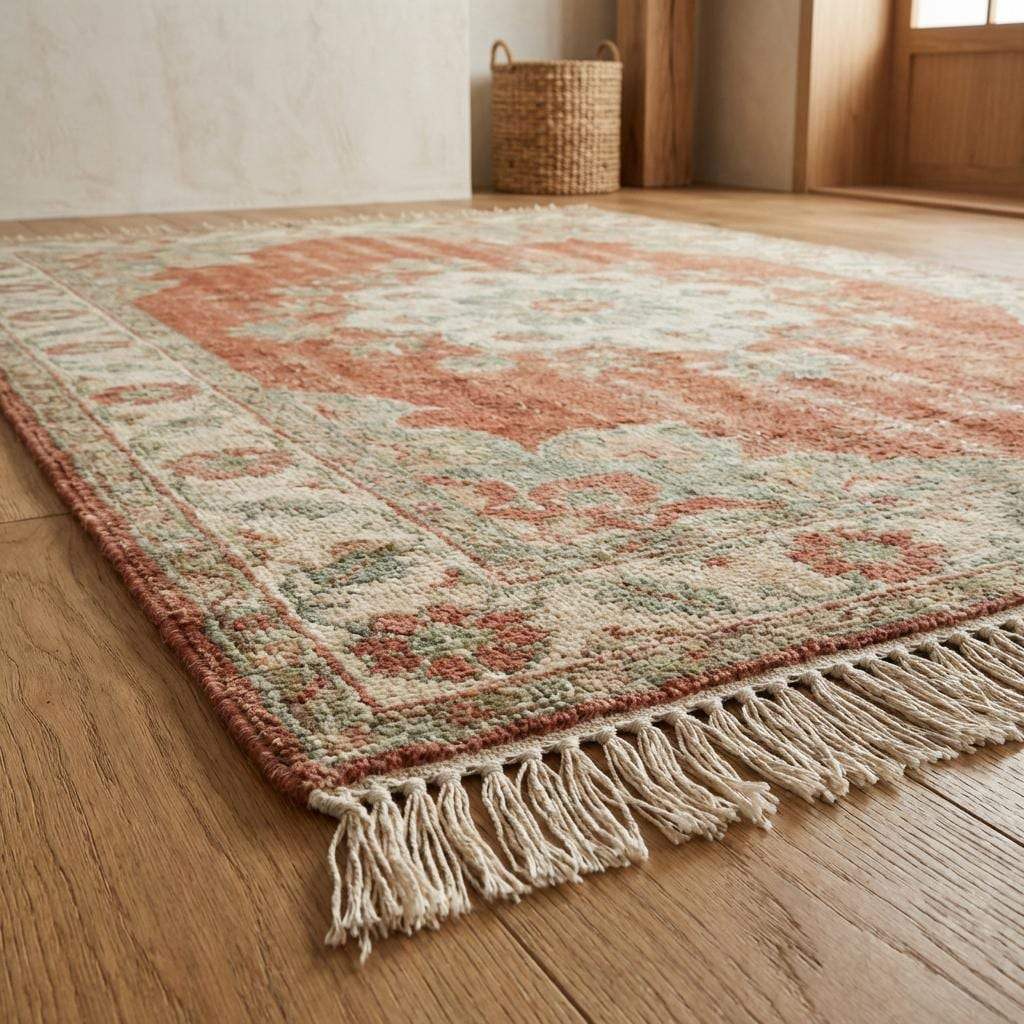 Handmade wool rug with terracotta rust center and sage green floral details in a cozy interior setting