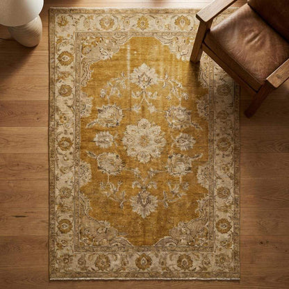 Oushak hand knotted wool rug with mustard floral design in vintage style