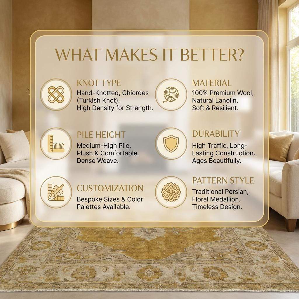 Oushak hand knotted wool rug with mustard floral design and thick pile in living room setting