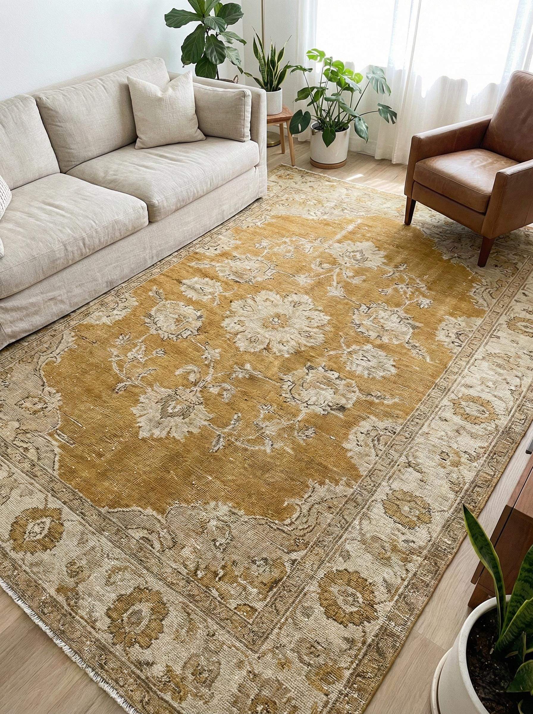 Oushak hand knotted wool rug with mustard floral design showcasing traditional craftsmanship and vintage style.