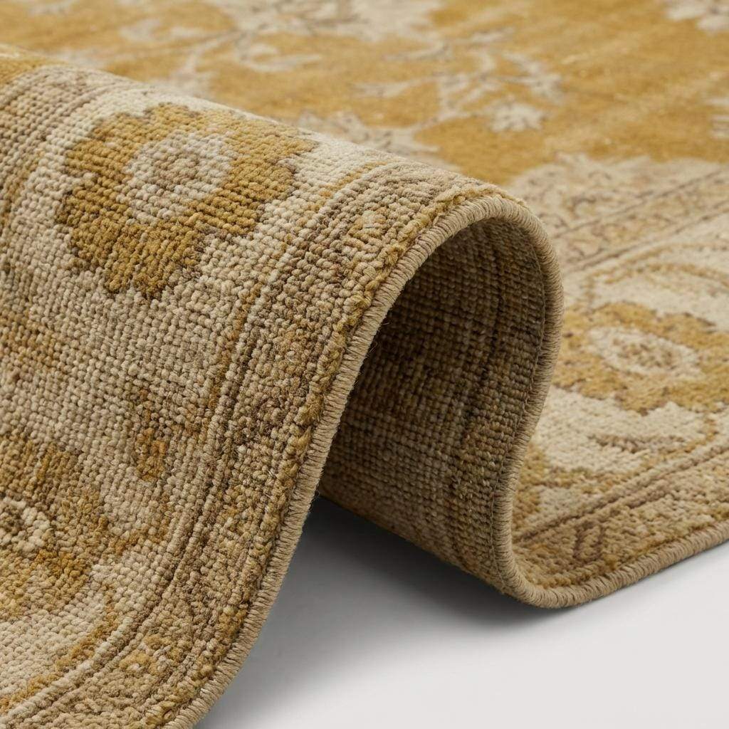 Oushak hand knotted wool rug with mustard floral design in cozy living room setting