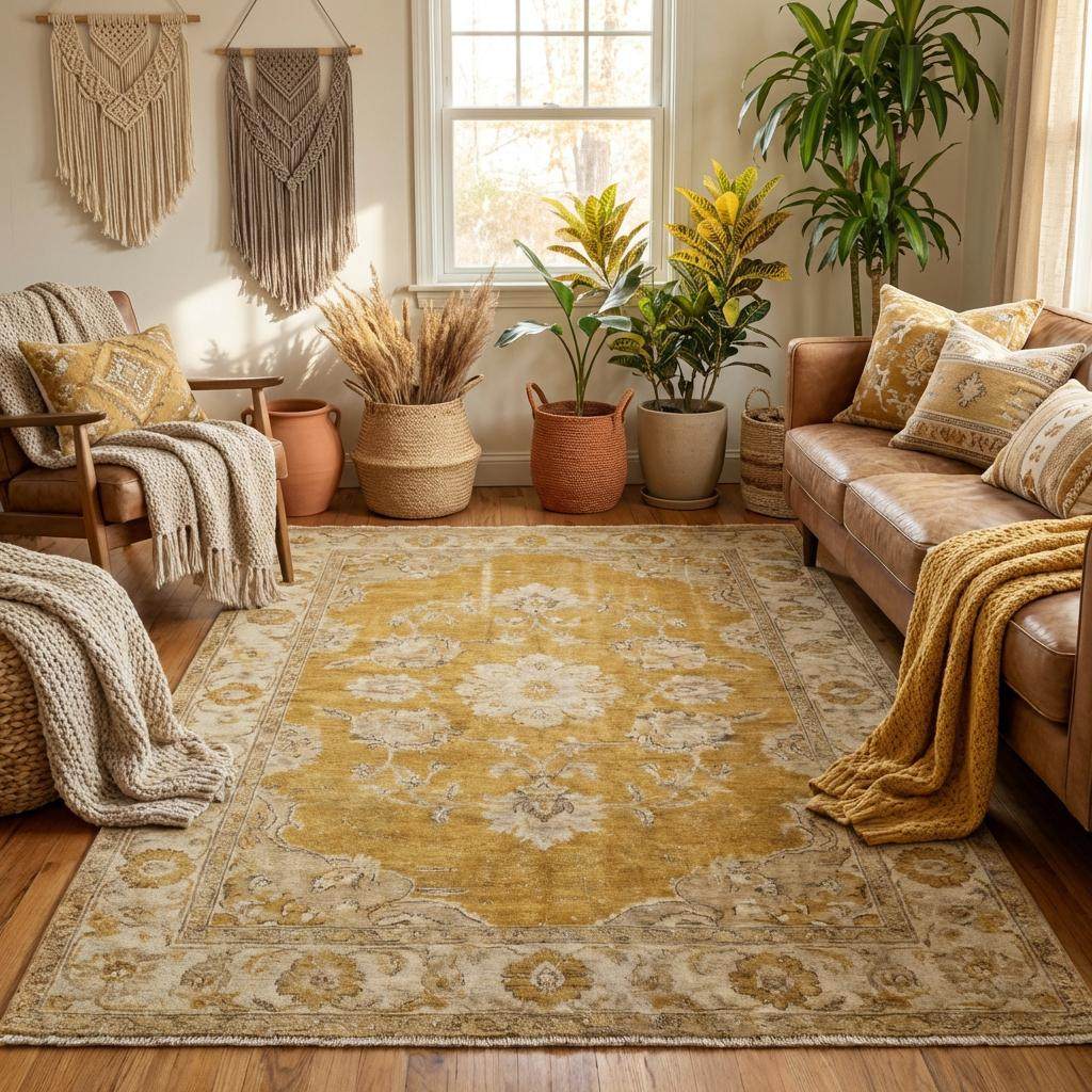 Oushak hand knotted wool rug with mustard floral design and thick pile for durable, vintage-inspired area decor