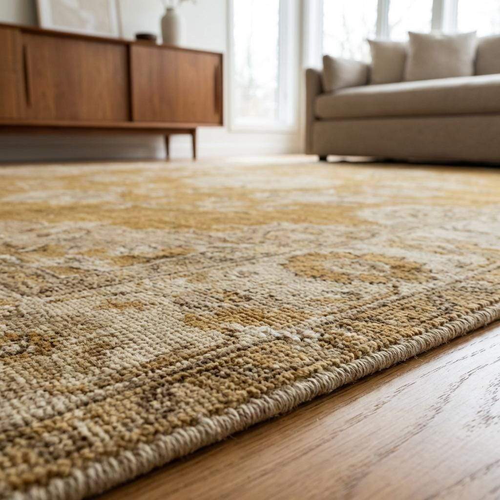 Oushak hand knotted wool rug with mustard floral design and thick soft pile
