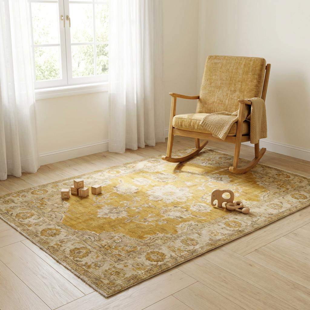 Oushak hand knotted wool rug with mustard floral design in living room setting