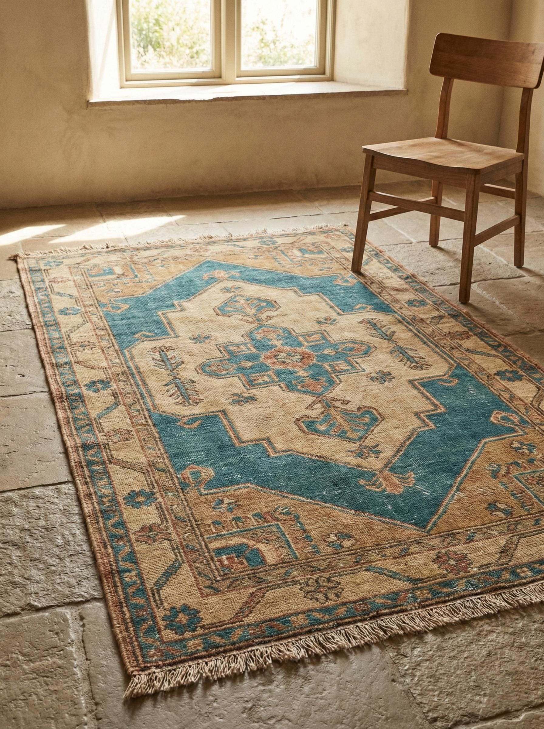 Hand knotted Oushak wool rug with large medallion pattern in teal blue and beige tones __etsy:7674731380