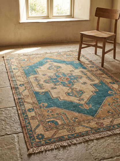 Hand knotted Oushak wool rug with large medallion pattern in teal blue and beige tones __etsy:7674731380