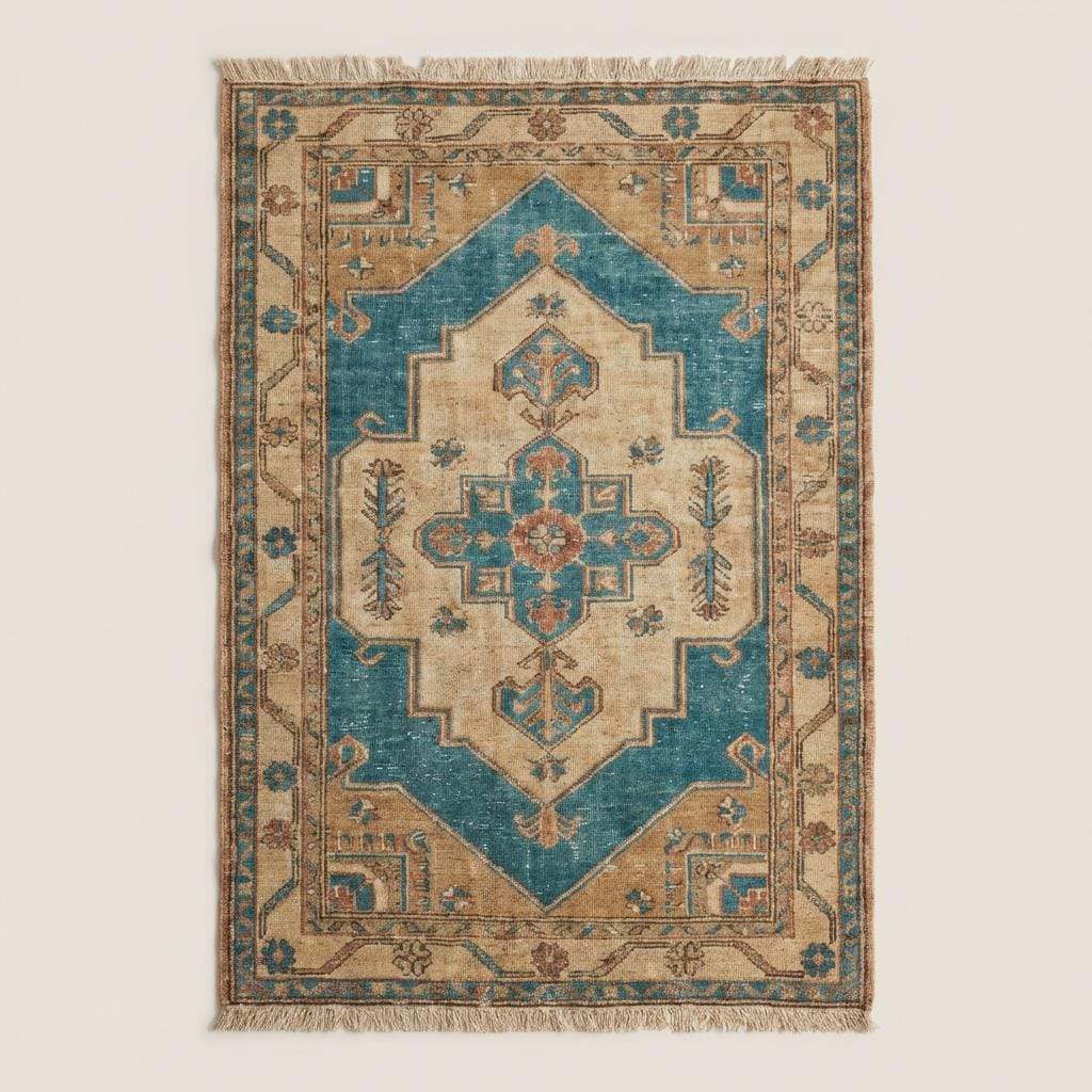 Vintage style Oushak area rug styled in a neutral living room with natural light __etsy:7722684973