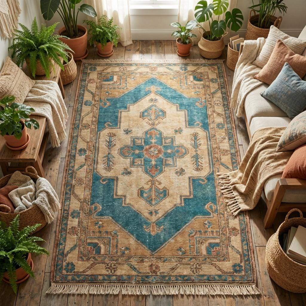 Traditional medallion hand knotted rug with tribal border design and soft wool texture __etsy:7674732048