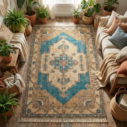 Traditional medallion hand knotted rug with tribal border design and soft wool texture __etsy:7674732048