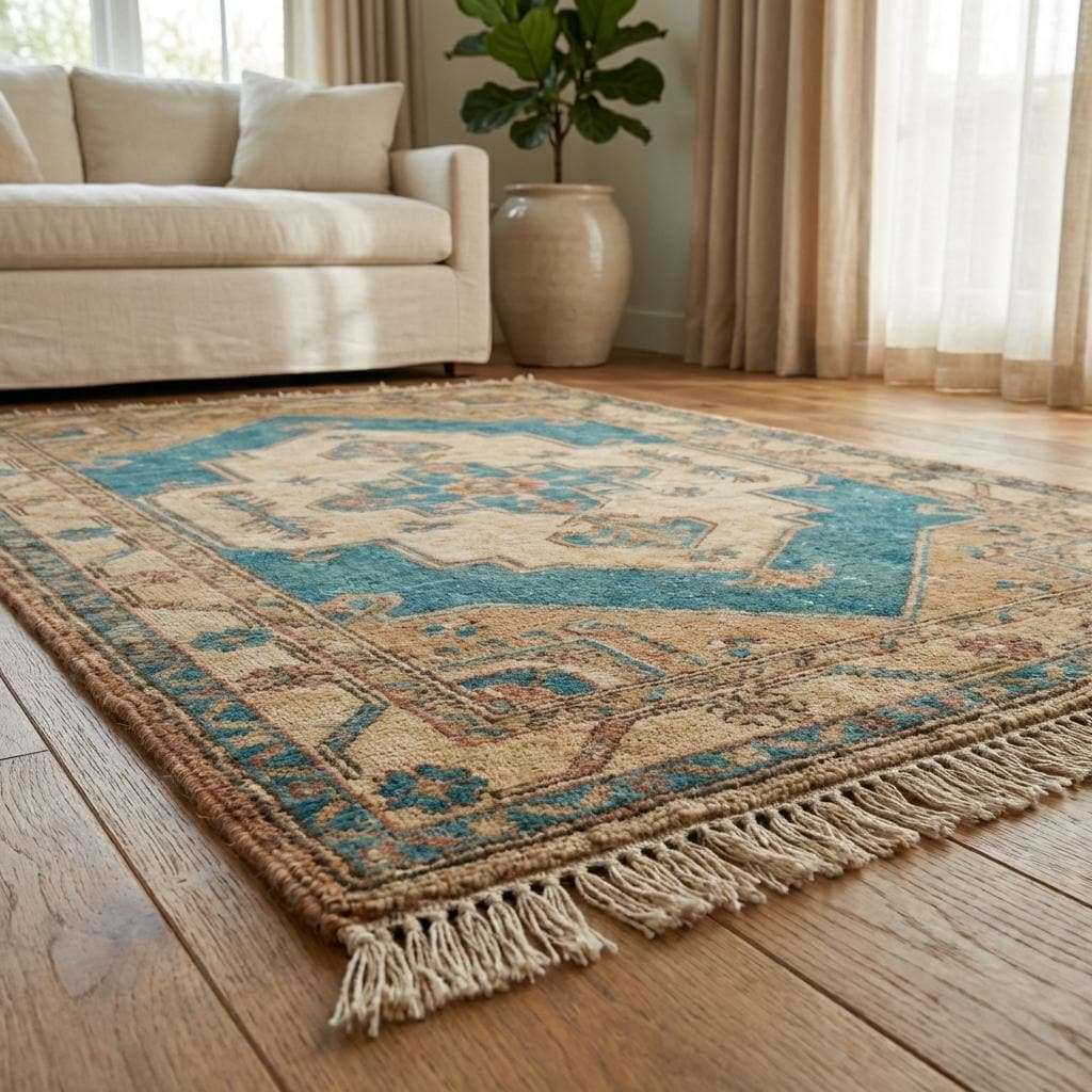 Blue and beige handmade wool rug with faded earthy tones and classic Oushak design __etsy:7722685013
