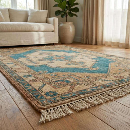 Blue and beige handmade wool rug with faded earthy tones and classic Oushak design __etsy:7722685013