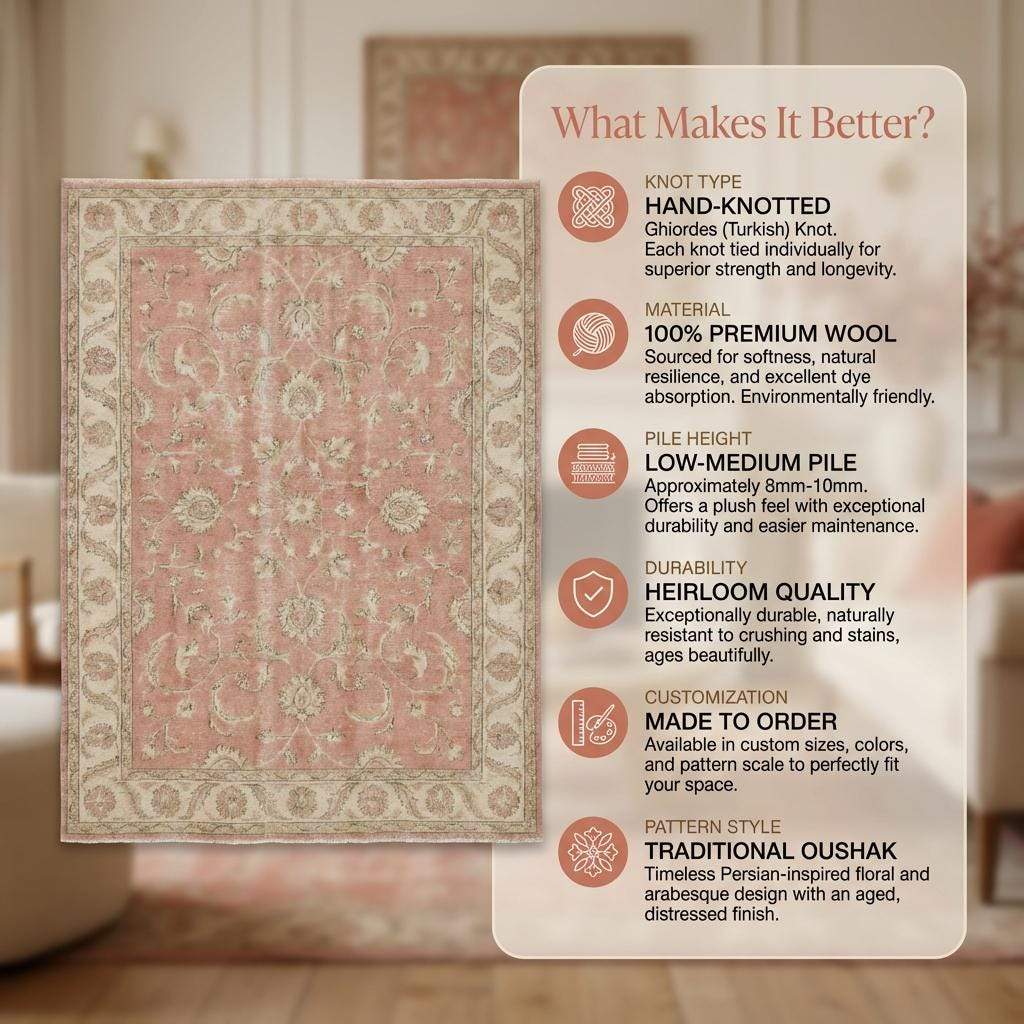 Oushak Pink Floral Hand Knotted Wool Area Rug for Living Room