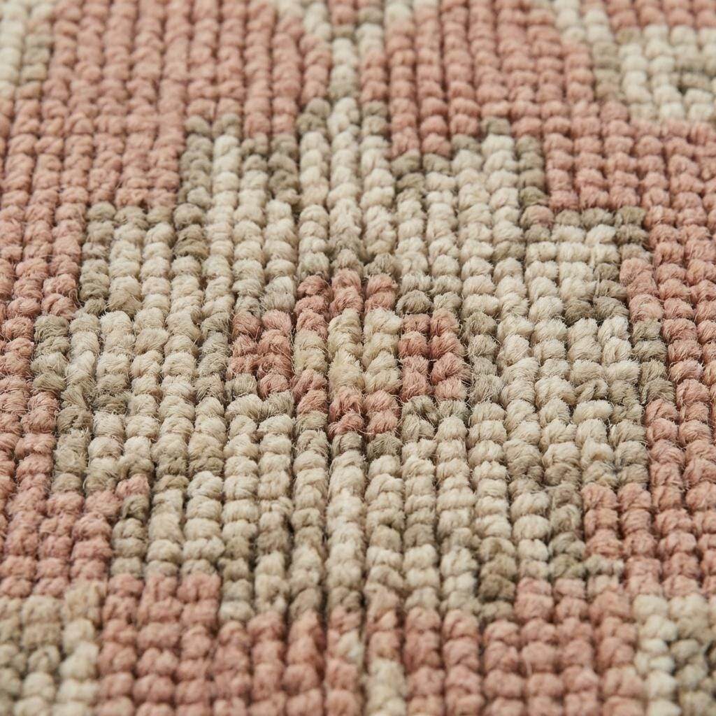 Close up of hand knotted wool rug showing low pile texture, visible knot structure, and natural color variation