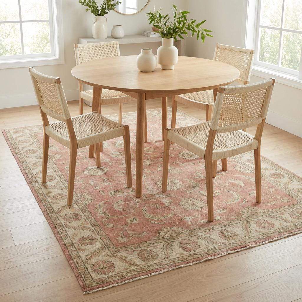 Oushak Pink Floral Hand Knotted Wool Area Rug for Living Room