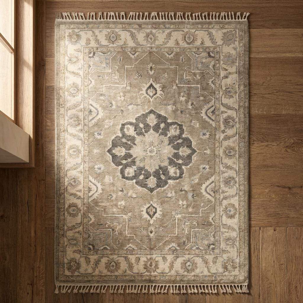 Oushak Style Hand Knotted Wool Area Rug Neutral Medallion Design