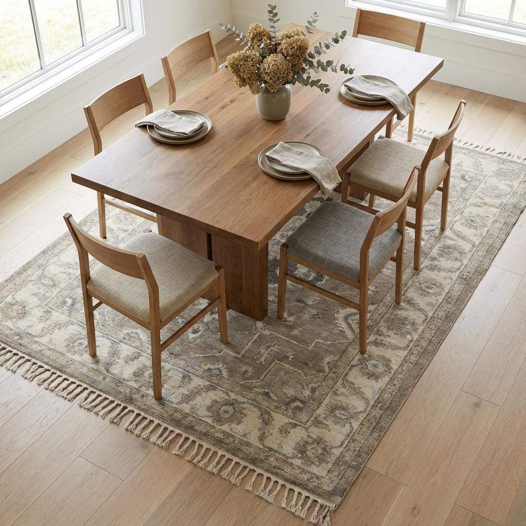 Oushak Style Hand Knotted Wool Area Rug Neutral Medallion Design