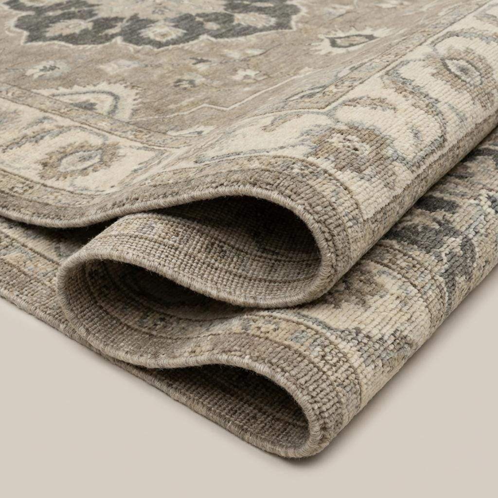 Oushak Style Hand Knotted Wool Area Rug Neutral Medallion Design