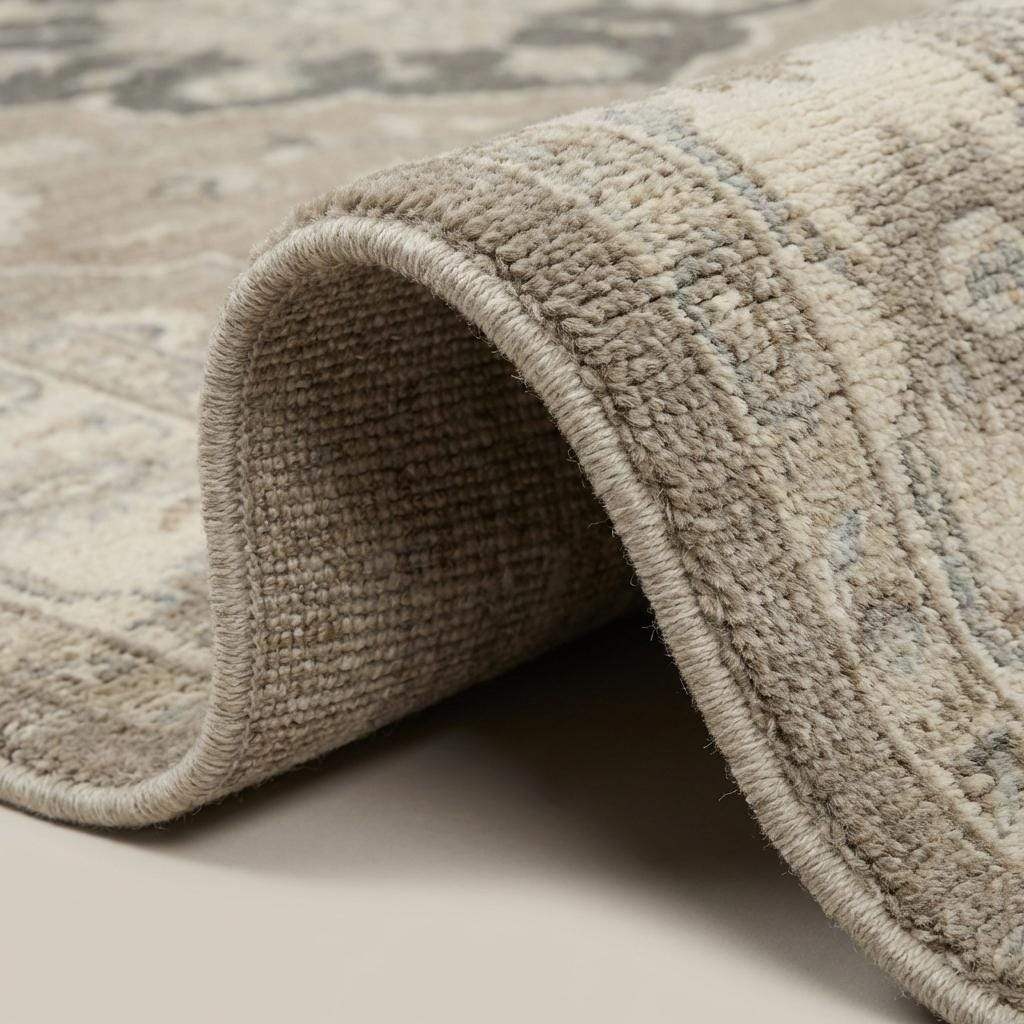 Close-up of hand knotted wool rug showing dense pile, visible knot structure, and natural wool texture