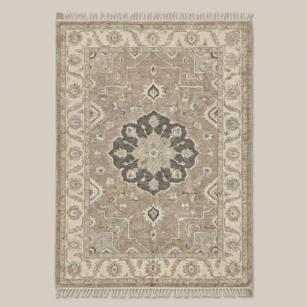 Neutral beige and gray wool area rug with soft vintage inspired Oushak pattern
