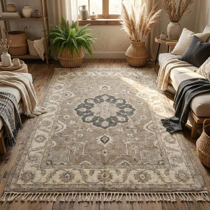 Hand knotted wool rug styled on wooden floor with armchair for scale and texture reference