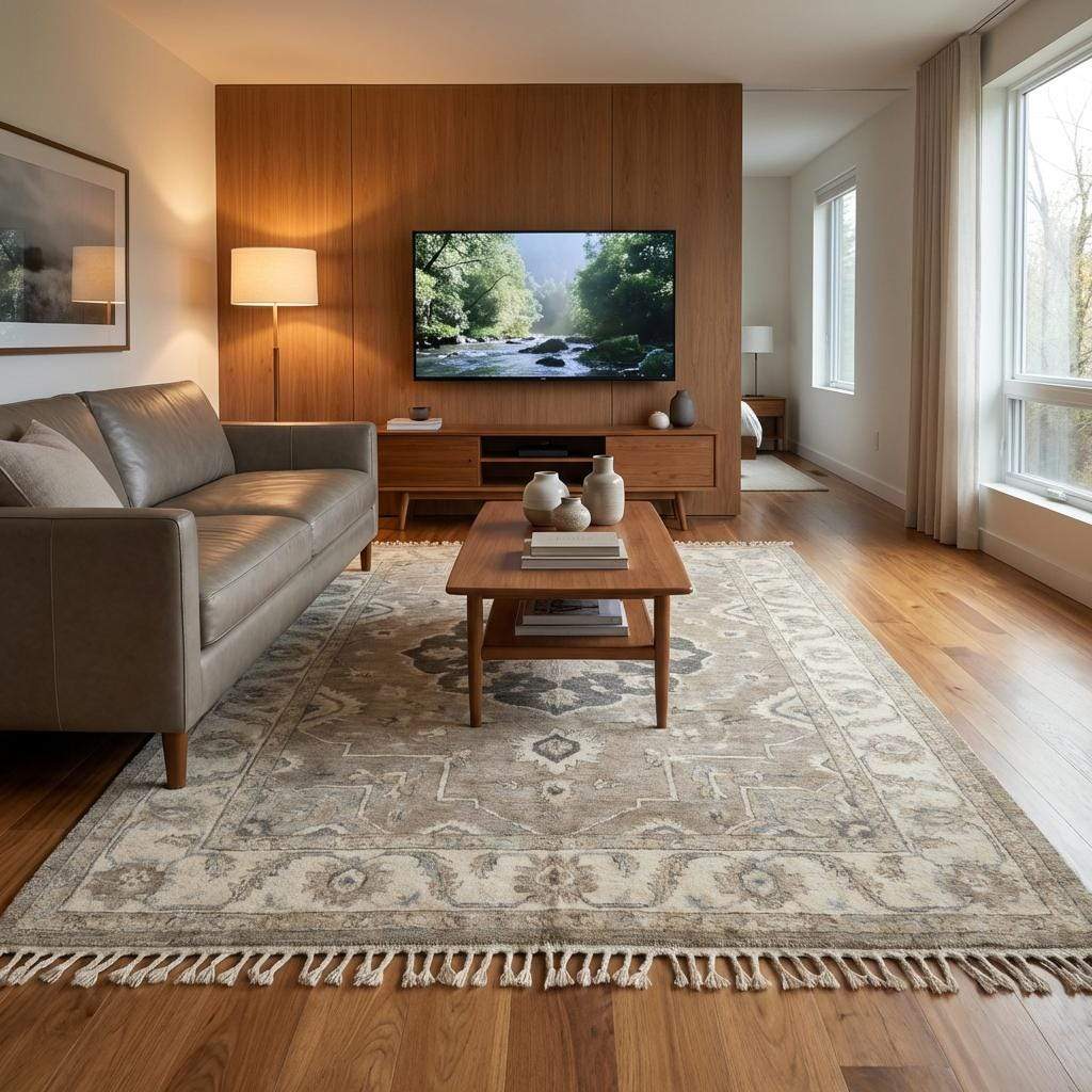 Traditional hand knotted wool rug with subtle abrash and timeless Turkish inspired design