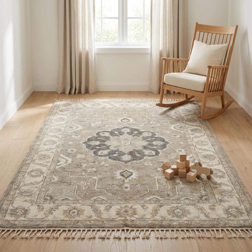 Oushak Style Hand Knotted Wool Area Rug Neutral Medallion Design