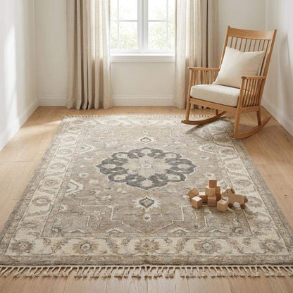 Oushak Style Hand Knotted Wool Area Rug Neutral Medallion Design