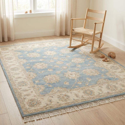 Oushak Style Hand Knotted Wool Area Rug Soft Blue Floral __etsy:7657593614