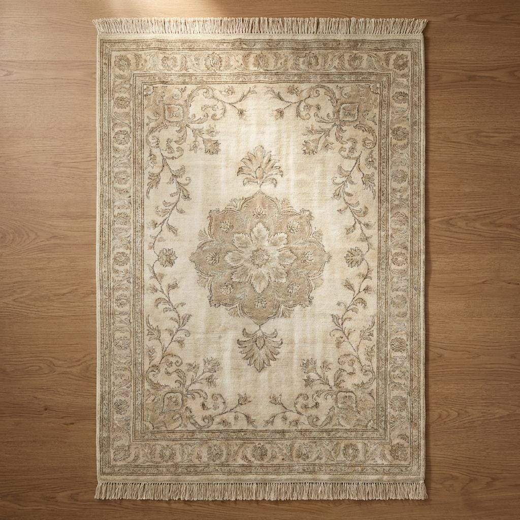Oushak style hand knotted wool rug with soft blue floral medallion and neutral tones