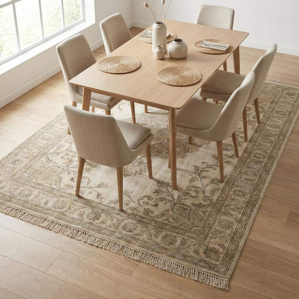Oushak style hand knotted wool rug with soft blue floral medallion and neutral tones