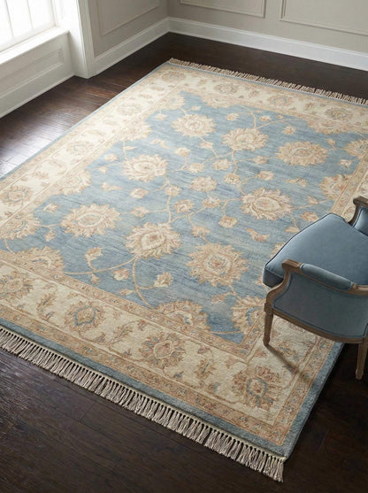 Hand knotted Oushak style wool area rug in soft blue with ivory floral border __etsy:7705545437
