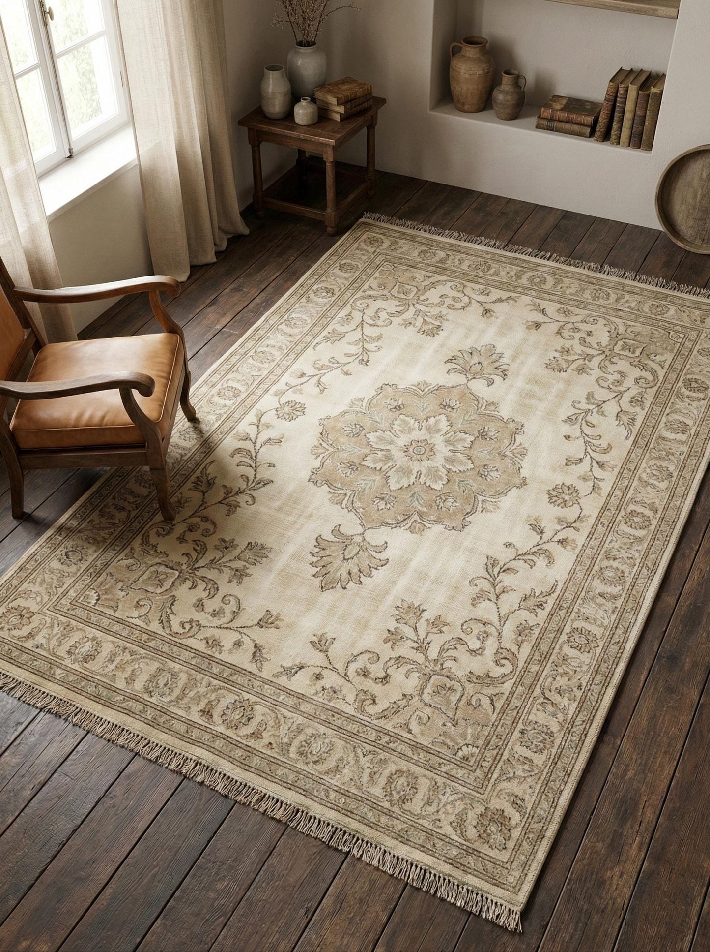 Oushak style hand knotted wool rug with soft blue floral medallion design and neutral tones