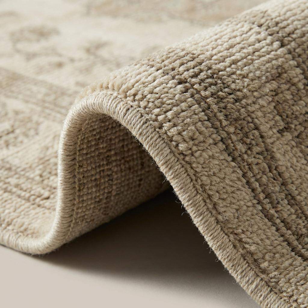 Close up of hand knotted wool rug showing individual knots, soft wool fibers, and natural texture variation __etsy:7660877418
