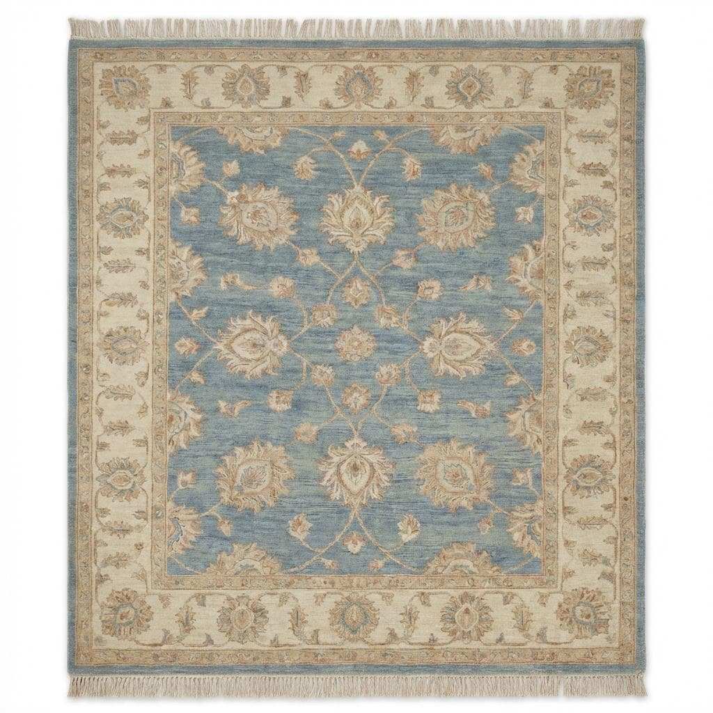 Traditional Oushak floral rug with large scale pattern in blue and cream tones __etsy:7657593582