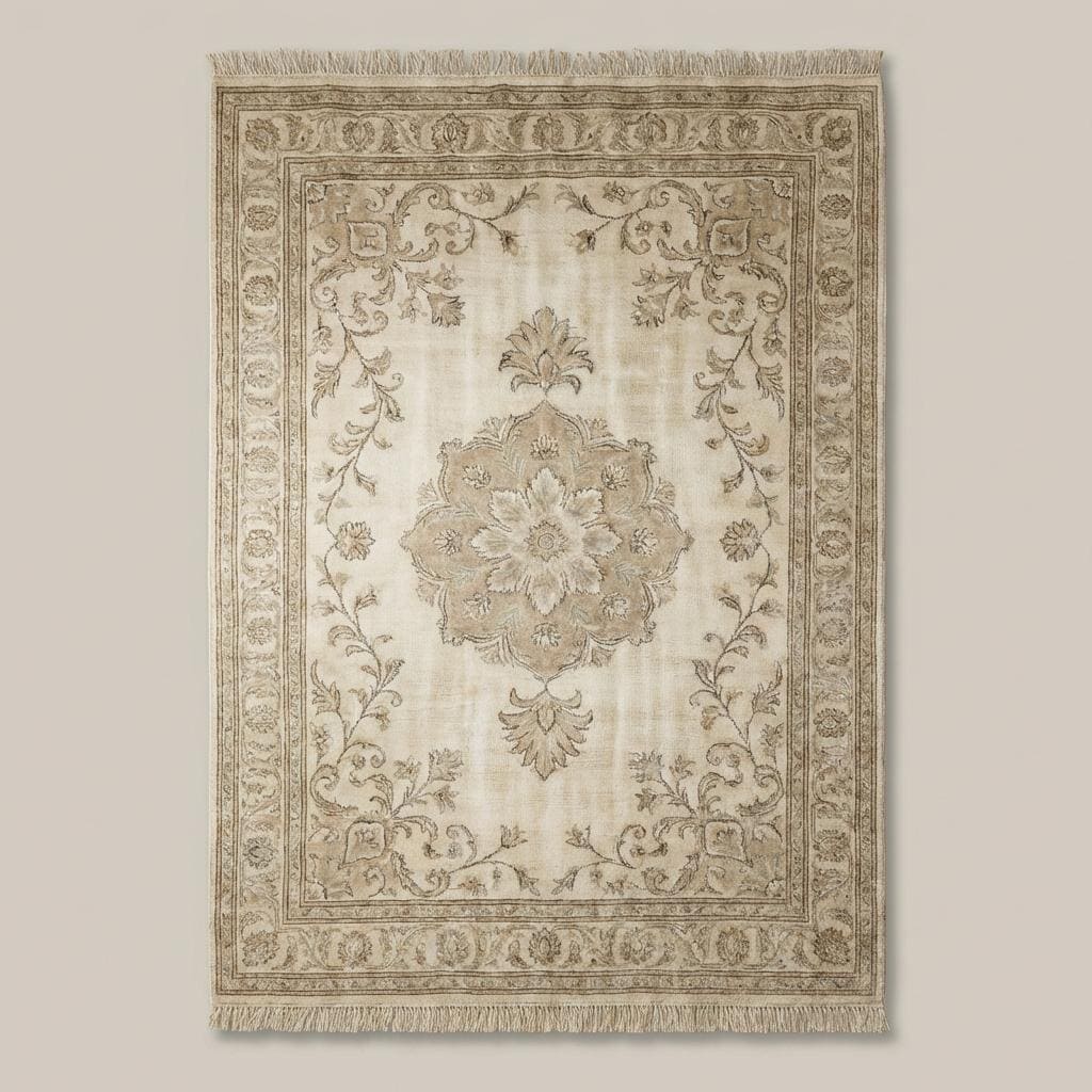 Oushak style hand knotted wool rug with soft blue floral medallion design and neutral tones