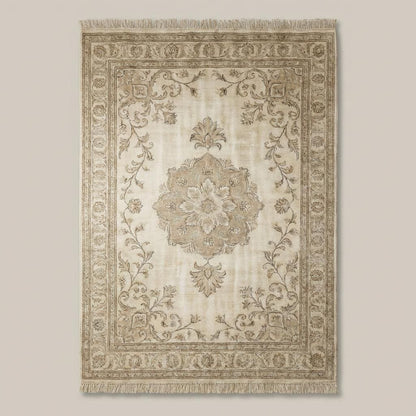 Oushak style hand knotted wool rug with soft blue floral medallion design and neutral tones