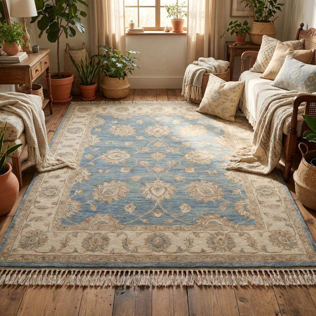 Handmade wool area rug styled in living room with hardwood floors __etsy:7705546081